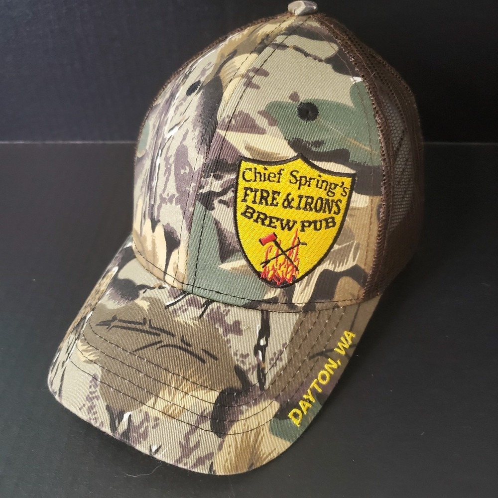 Chief Spring's Fire & Irons Brew Pub Camouflage Brewery Hat Dayton, WA Beer Cap